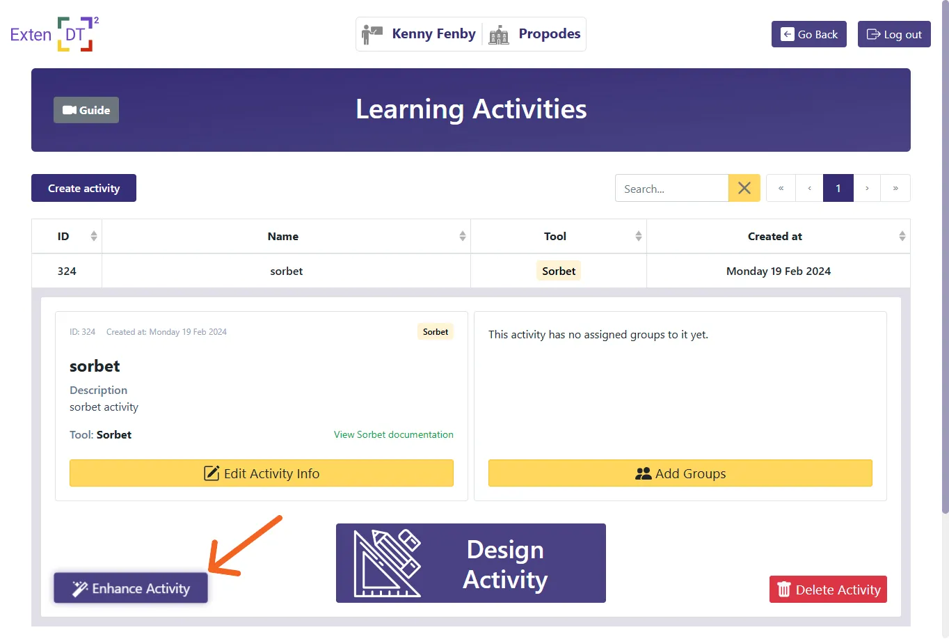 Learing activities page highlighting the Enhance Activity button