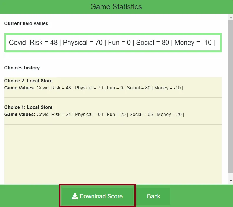 Game Statistics - Pop-up window