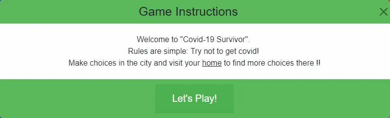 Game Instructions pop-up window