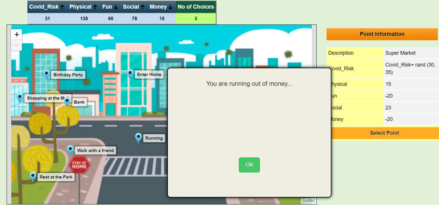 Pop-up window with feedback message during gameplay