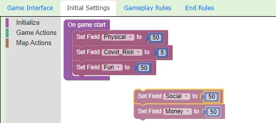 Example of initial setup code - Covid Survival game