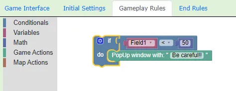 Example of available commands on the Gameplay tab