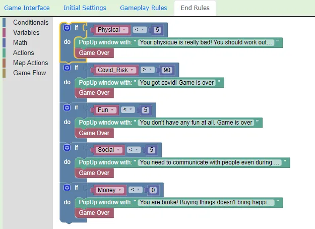 Example of programming on the End Rules tab
