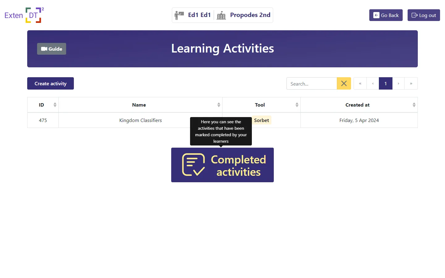 Completed activities button