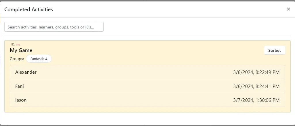 Completed activities list