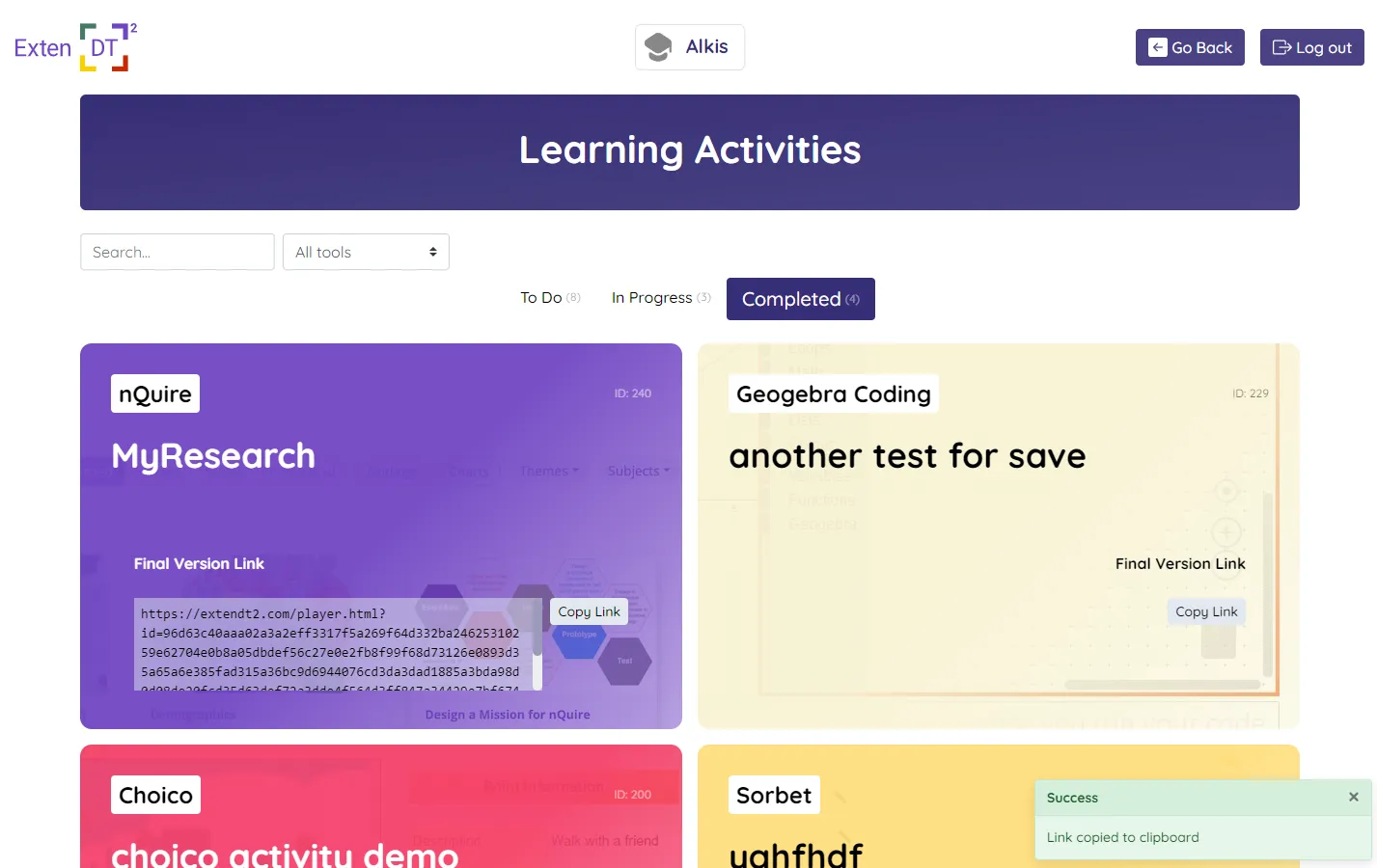 Completed activities tab