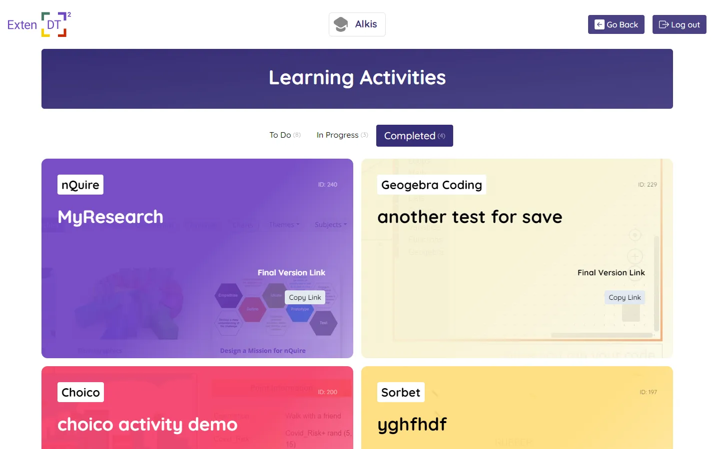 Completed activities tab
