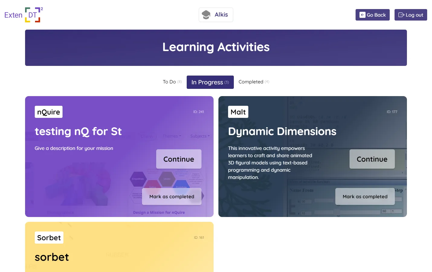 In Progress activities tab
