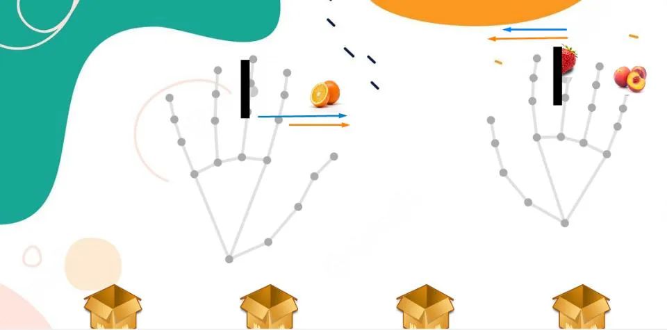 2 digital palms manipulating the falling objects